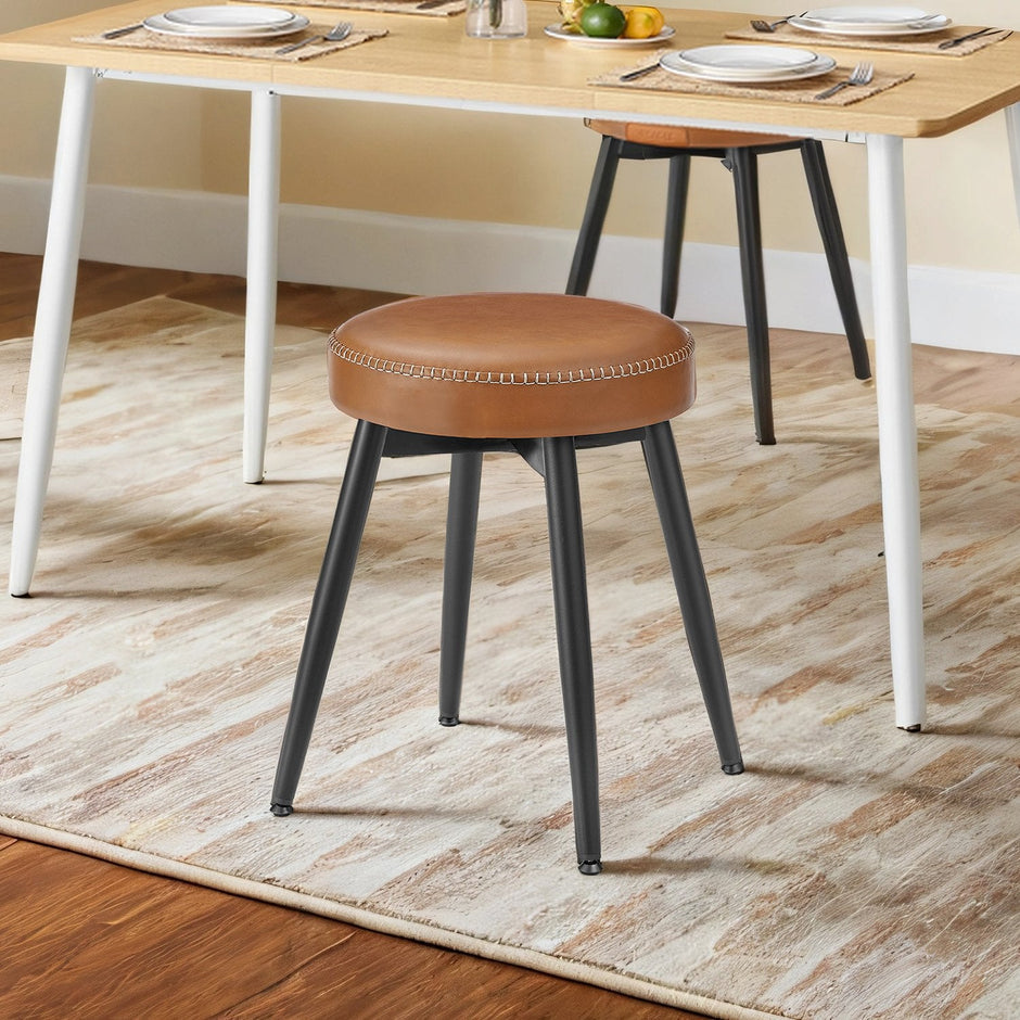 Set of 2 Dining Stools – Synthetic Leather – Brown – Padded Seat, Mid-Century Modern Design