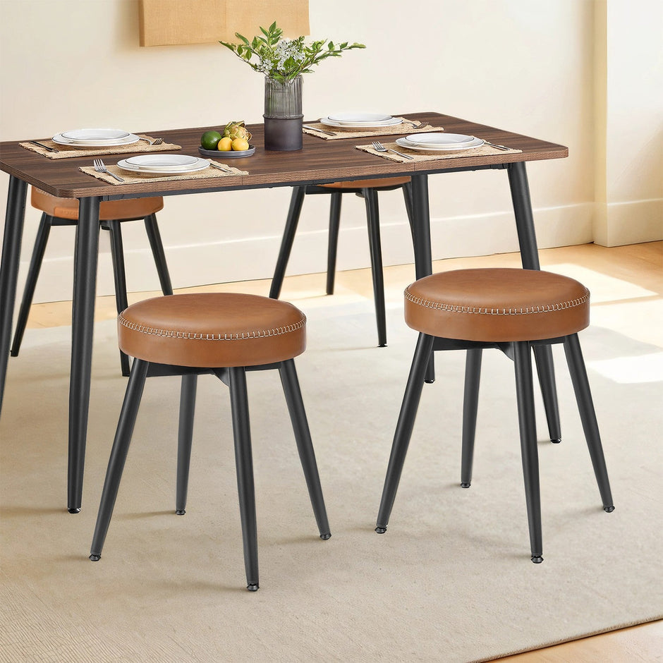 Set of 2 Dining Stools – Synthetic Leather – Brown – Padded Seat, Mid-Century Modern Design