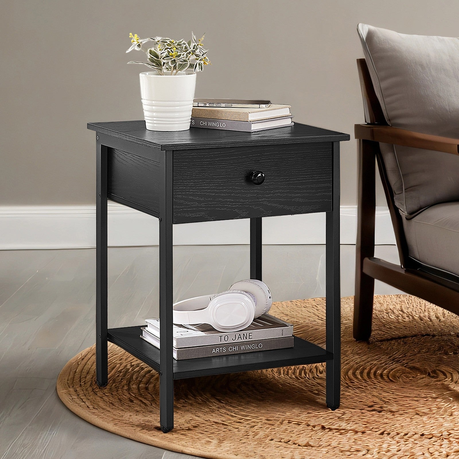 Nightstand – Steel Frame – Hazelnut Brown and Black – Drawer and Shelf