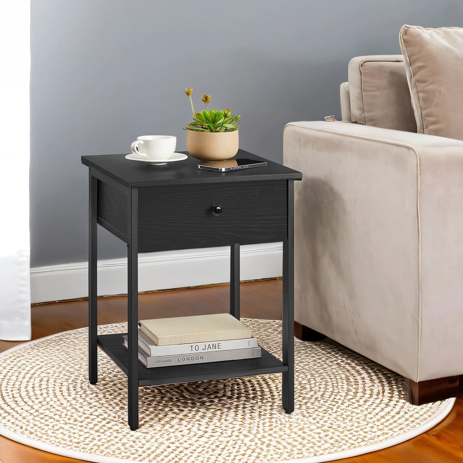 Nightstand – Steel Frame – Hazelnut Brown and Black – Drawer and Shelf