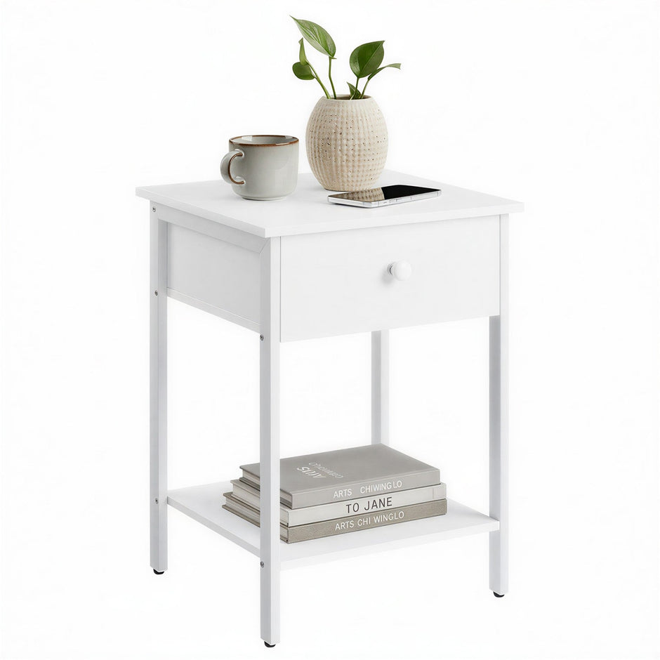 Bedside Table – Steel – Hazelnut Brown and Black – Modern Design with Drawer and Shelf