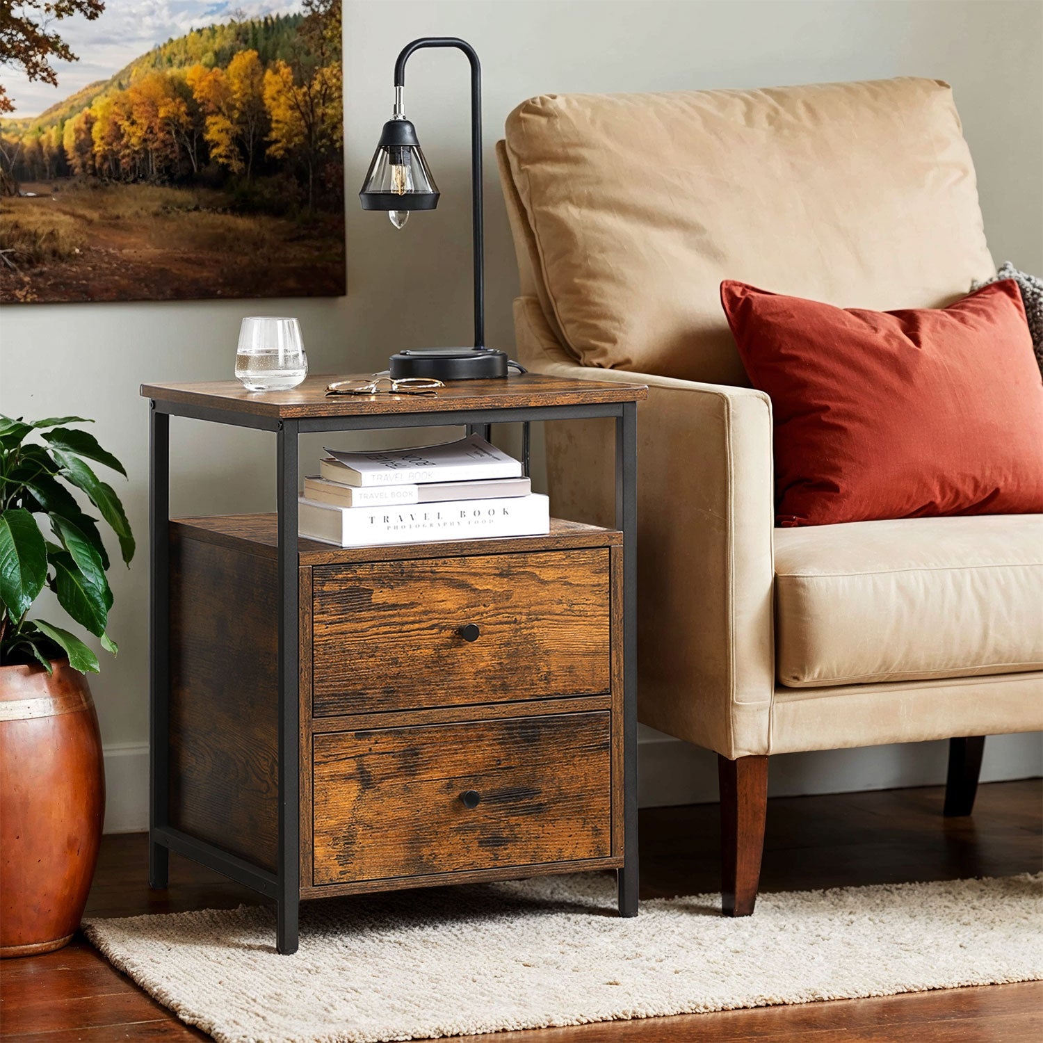 Bedside Table – Wood – Rustic Brown and Black – Open Shelf and 2 Drawers