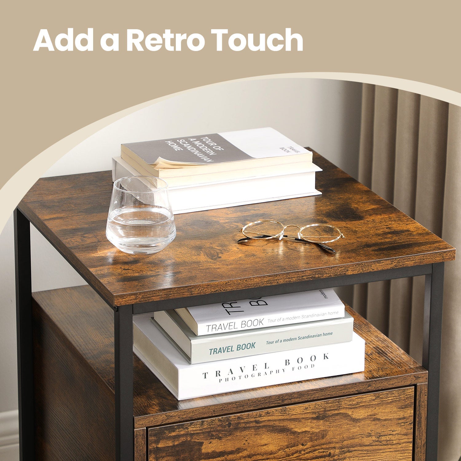 Bedside Table – Wood – Rustic Brown and Black – Open Shelf and 2 Drawers