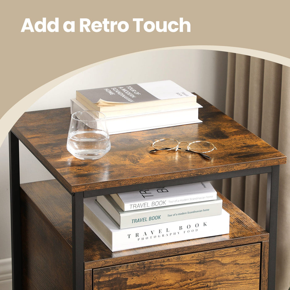 Bedside Table – Wood – Rustic Brown and Black – Open Shelf and 2 Drawers