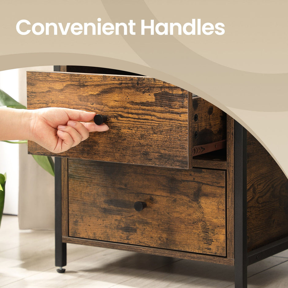 Bedside Table – Wood – Rustic Brown and Black – Open Shelf and 2 Drawers