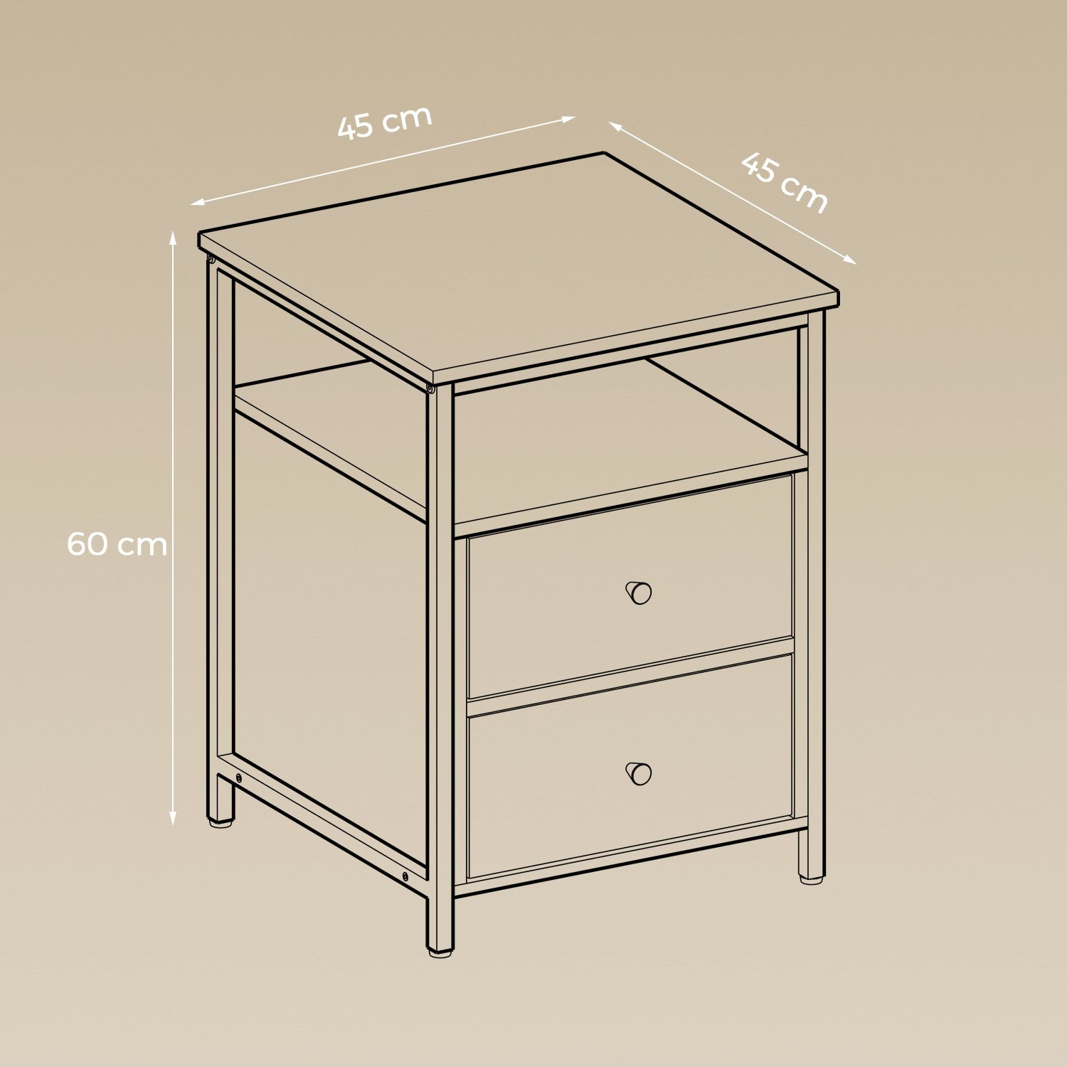 Bedside Table – Wood – Rustic Brown and Black – Open Shelf and 2 Drawers