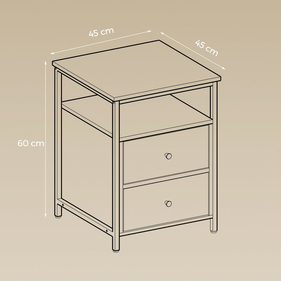 Bedside Table – Wood – Rustic Brown and Black – Open Shelf and 2 Drawers