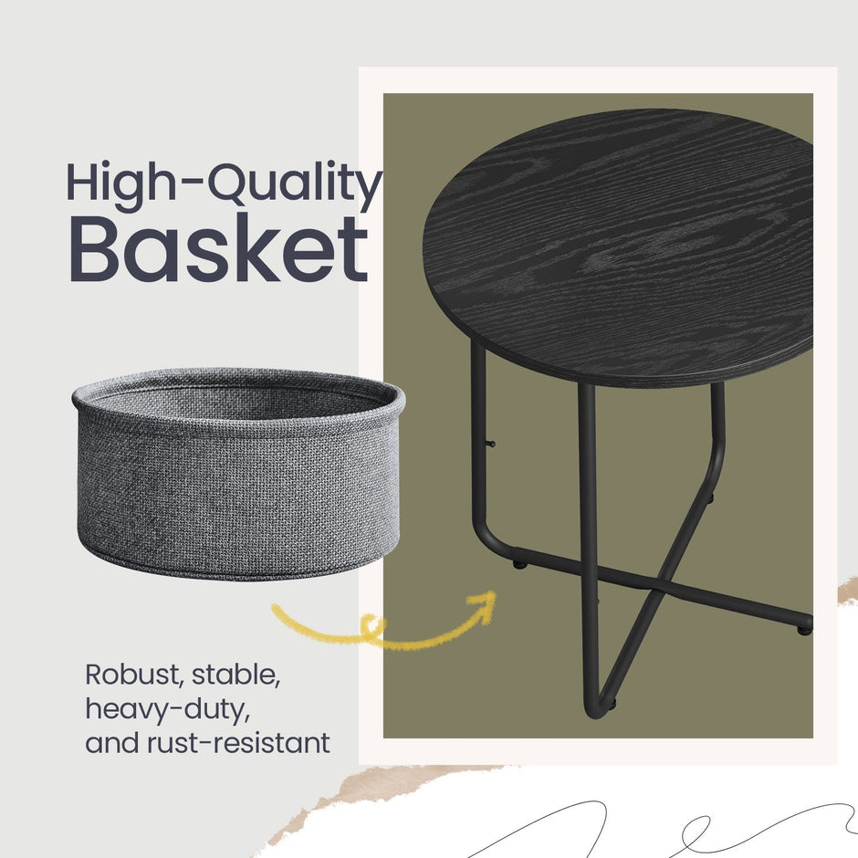 Round Side Table – Wood and Fabric – Ebony Black and Slate Grey – Modern Design with Storage Basket