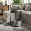 Round Side Table – Wood and Fabric – Ebony Black and Slate Grey – Modern Design with Storage Basket