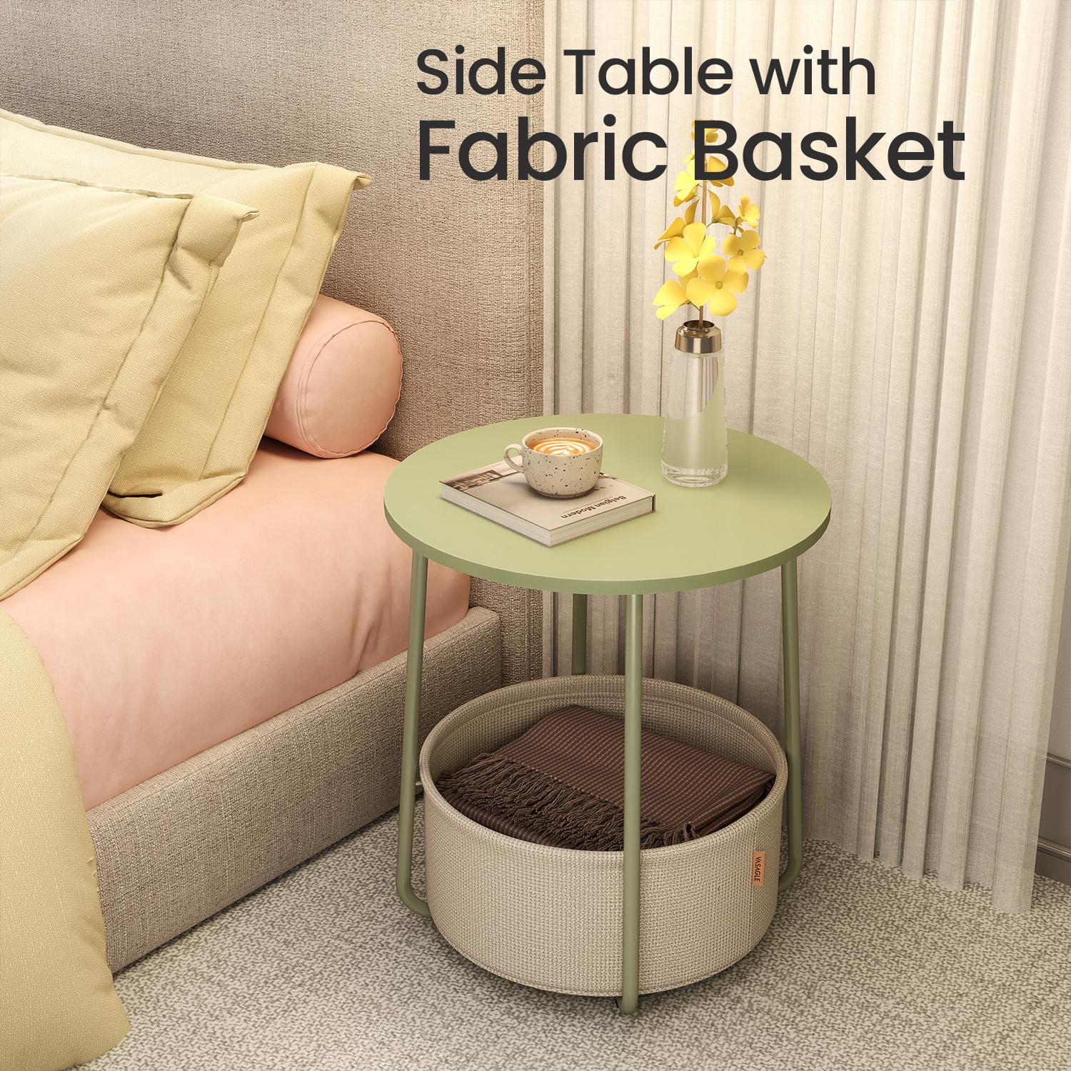 Round Side Table – Wood and Fabric – Ebony Black and Slate Grey – Modern Design with Storage Basket
