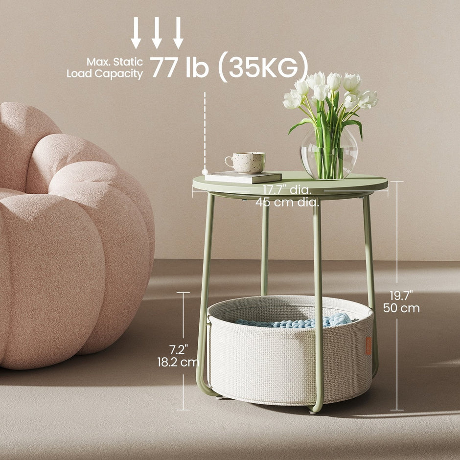 Round Side Table – Wood and Fabric – Ebony Black and Slate Grey – Modern Design with Storage Basket