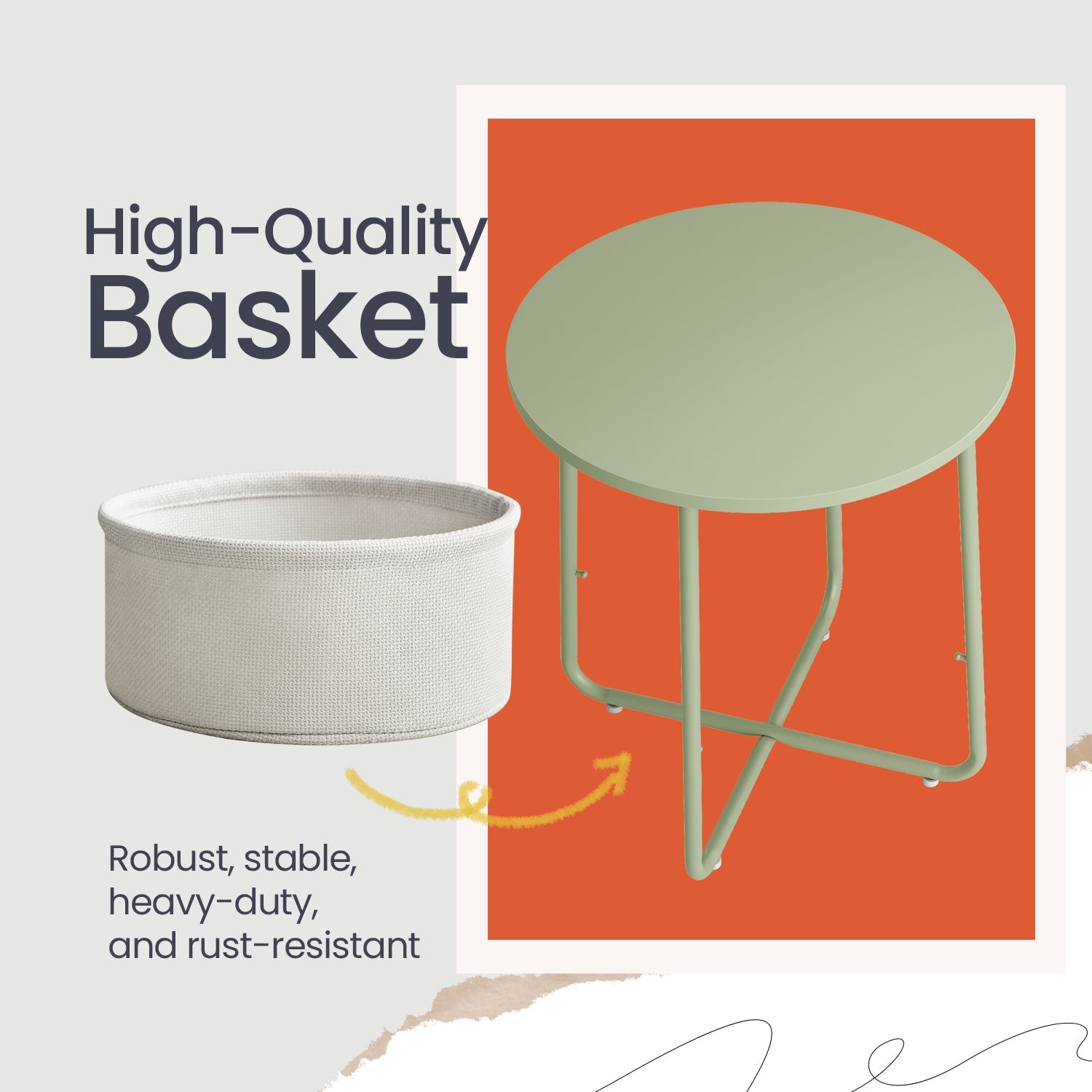 Round Side Table – Wood and Fabric – Ebony Black and Slate Grey – Modern Design with Storage Basket