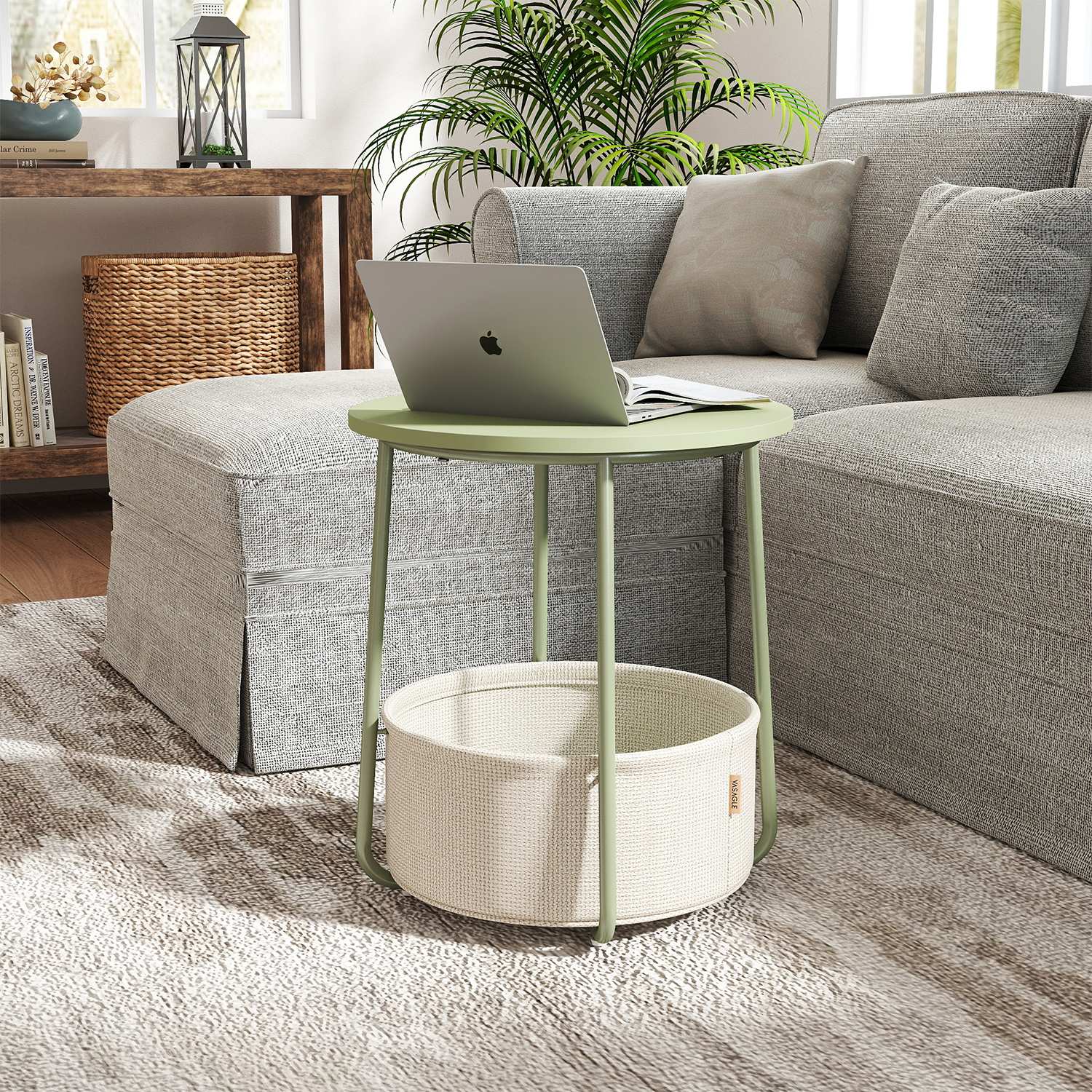 Round Side Table – Wood and Fabric – Ebony Black and Slate Grey – Modern Design with Storage Basket