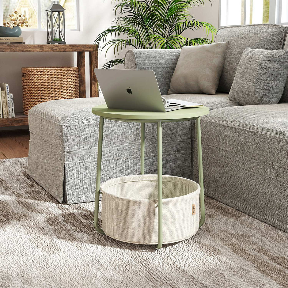 Round Side Table – Wood and Fabric – Ebony Black and Slate Grey – Modern Design with Storage Basket