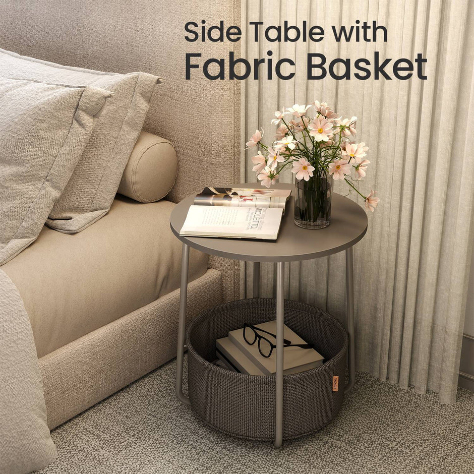 Round Side Table – Wood and Fabric – Ebony Black and Slate Grey – Modern Design with Storage Basket