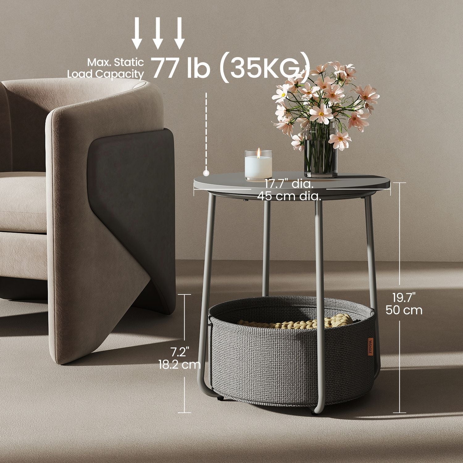 Round Side Table – Wood and Fabric – Ebony Black and Slate Grey – Modern Design with Storage Basket