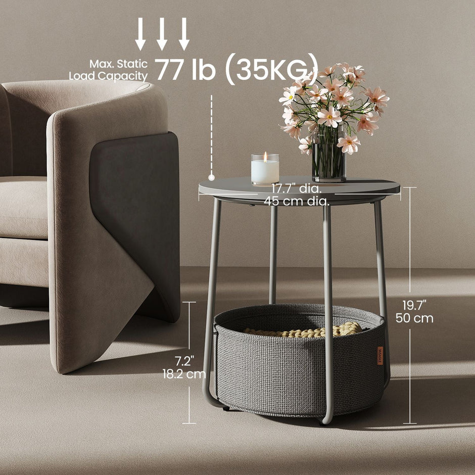 Round Side Table – Wood and Fabric – Ebony Black and Slate Grey – Modern Design with Storage Basket