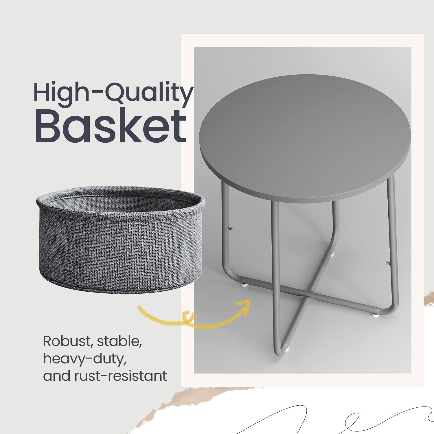 Round Side Table – Wood and Fabric – Ebony Black and Slate Grey – Modern Design with Storage Basket