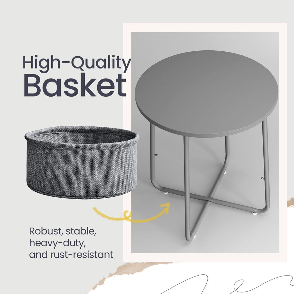 Round Side Table – Wood and Fabric – Ebony Black and Slate Grey – Modern Design with Storage Basket