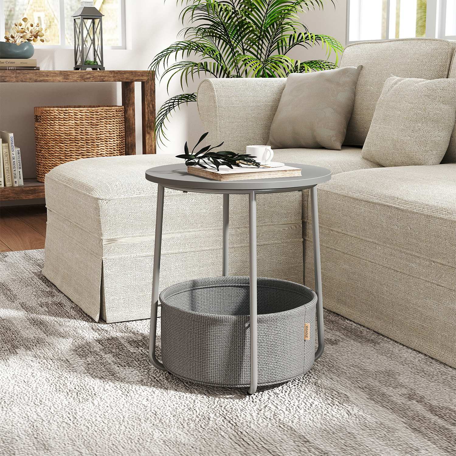 Round Side Table – Wood and Fabric – Ebony Black and Slate Grey – Modern Design with Storage Basket