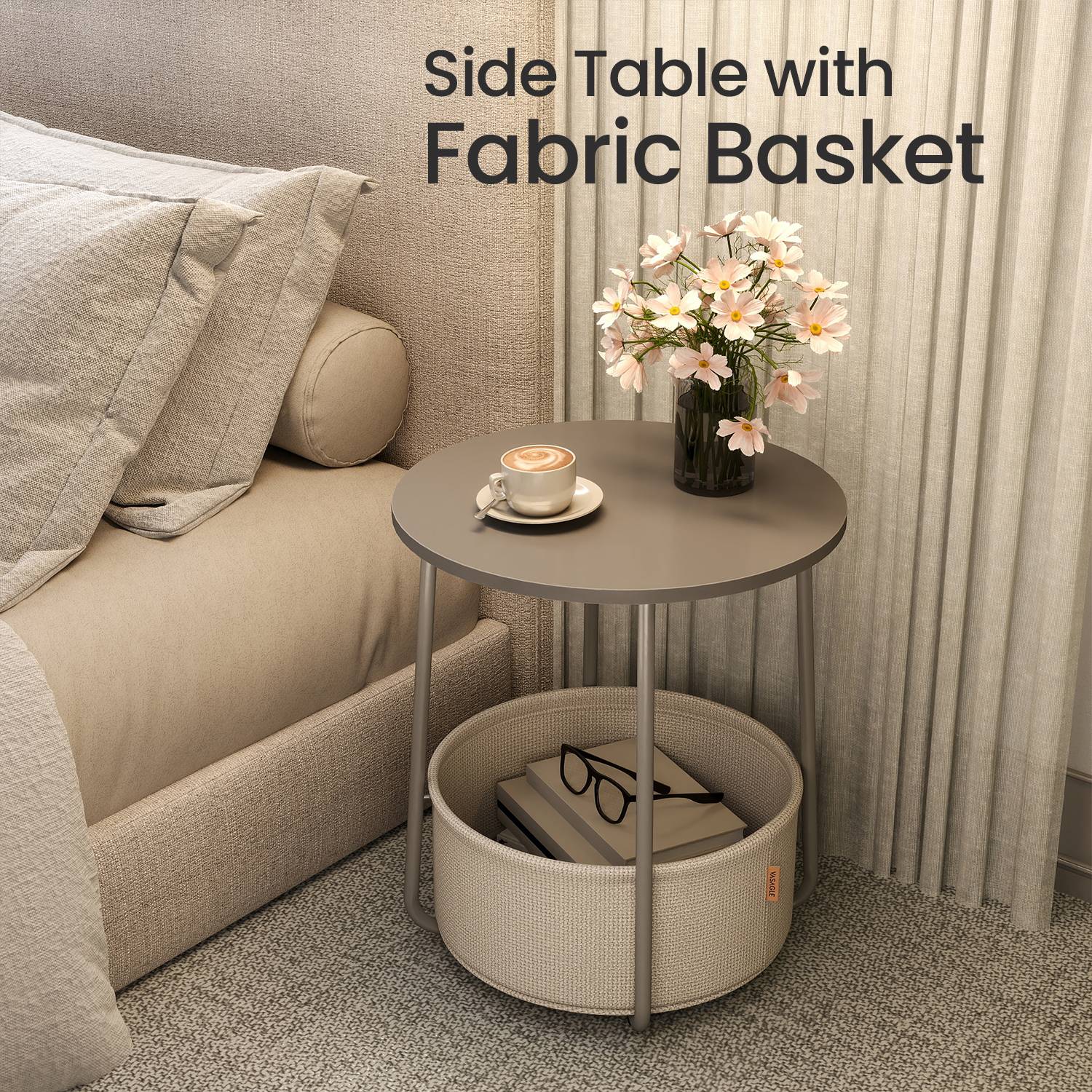 Round Side Table – Wood and Fabric – Ebony Black and Slate Grey – Modern Design with Storage Basket