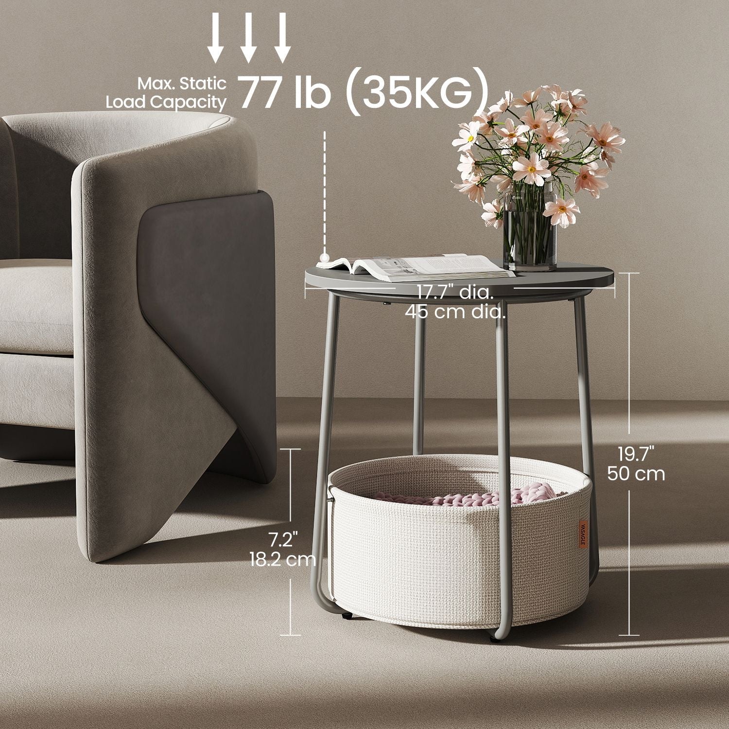 Round Side Table – Wood and Fabric – Ebony Black and Slate Grey – Modern Design with Storage Basket