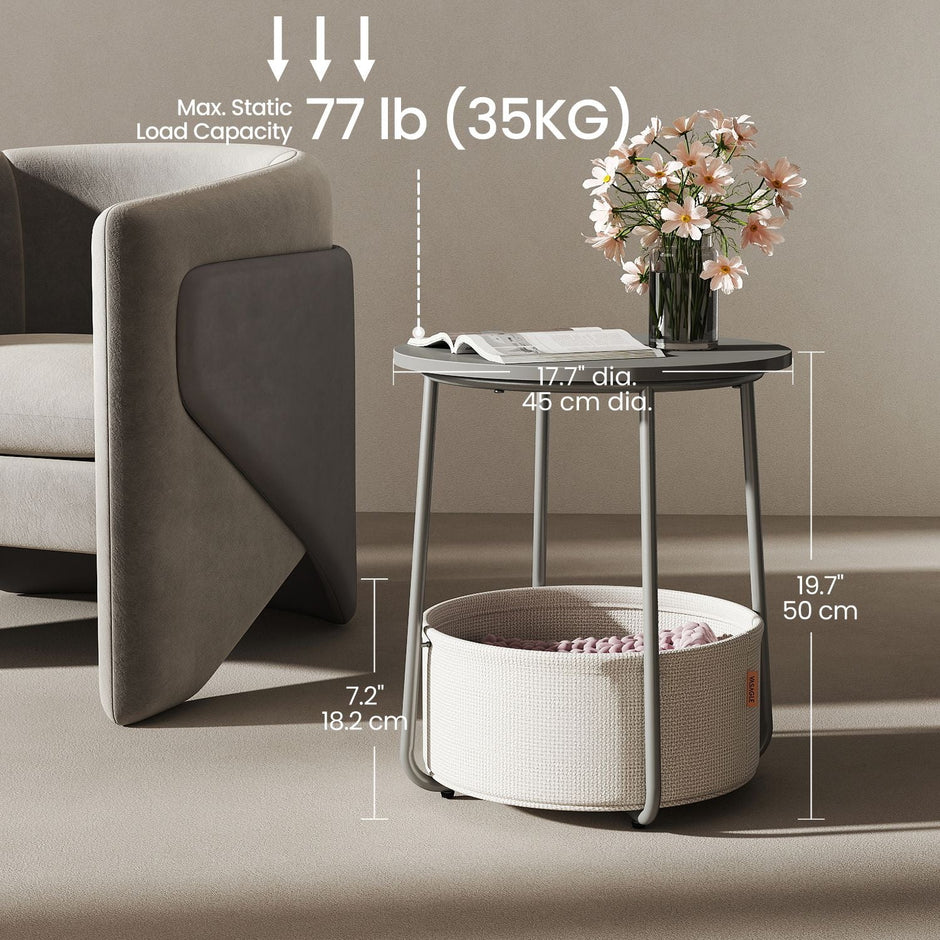 Round Side Table – Wood and Fabric – Ebony Black and Slate Grey – Modern Design with Storage Basket