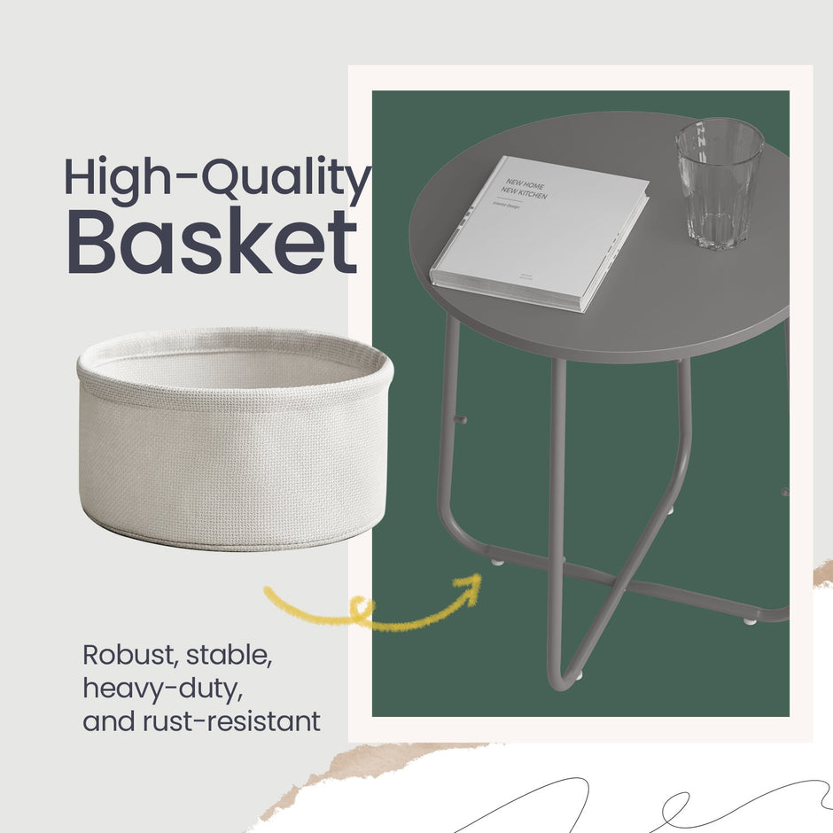 Round Side Table – Wood and Fabric – Ebony Black and Slate Grey – Modern Design with Storage Basket