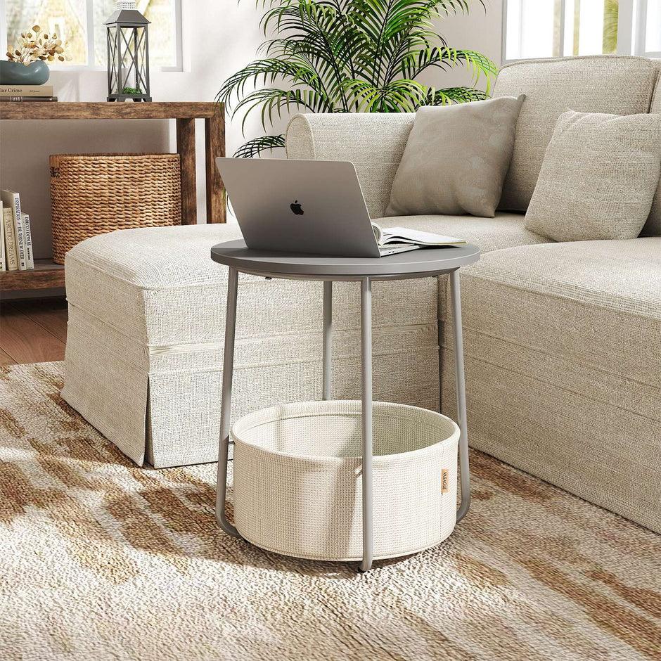 Round Side Table – Wood and Fabric – Ebony Black and Slate Grey – Modern Design with Storage Basket