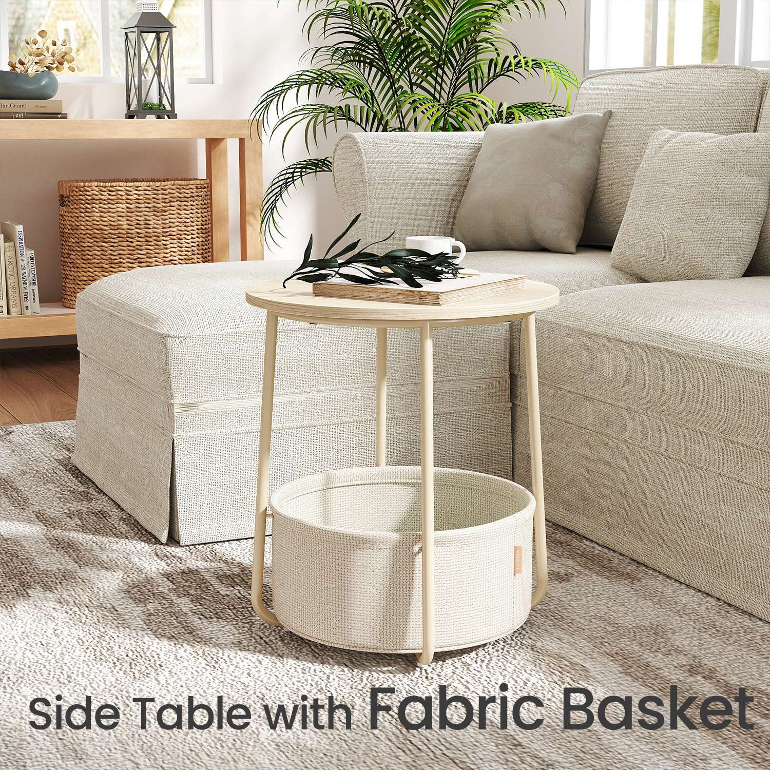 Round Side Table – Wood and Fabric – Ebony Black and Slate Grey – Modern Design with Storage Basket