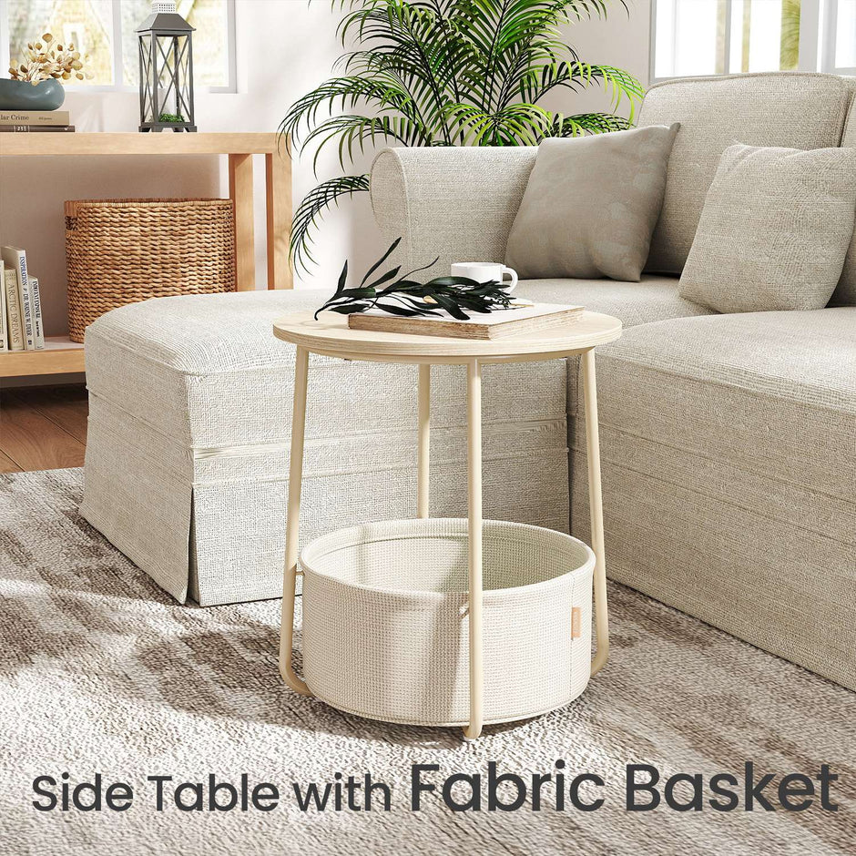 Round Side Table – Wood and Fabric – Ebony Black and Slate Grey – Modern Design with Storage Basket