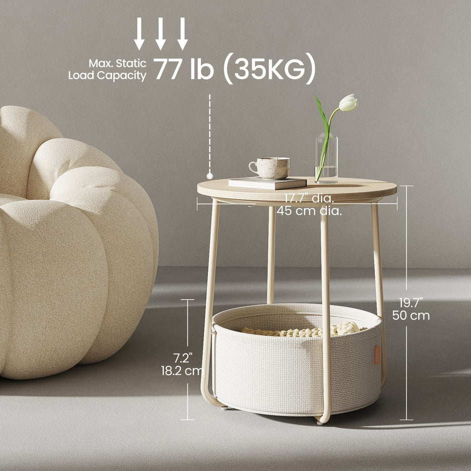 Round Side Table – Wood and Fabric – Ebony Black and Slate Grey – Modern Design with Storage Basket