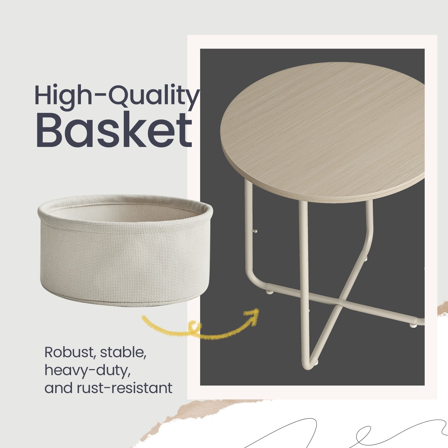 Round Side Table – Wood and Fabric – Ebony Black and Slate Grey – Modern Design with Storage Basket