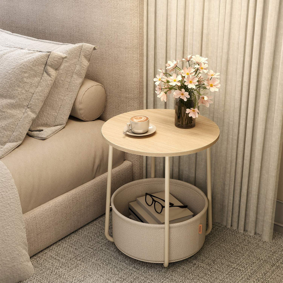 Round Side Table – Wood and Fabric – Ebony Black and Slate Grey – Modern Design with Storage Basket