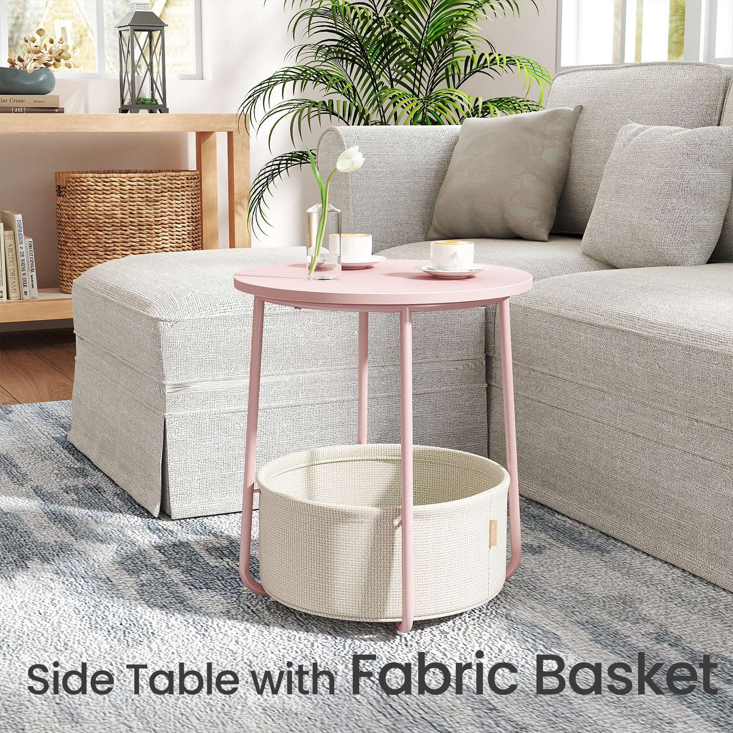 Round Side Table – Wood and Fabric – Ebony Black and Slate Grey – Modern Design with Storage Basket