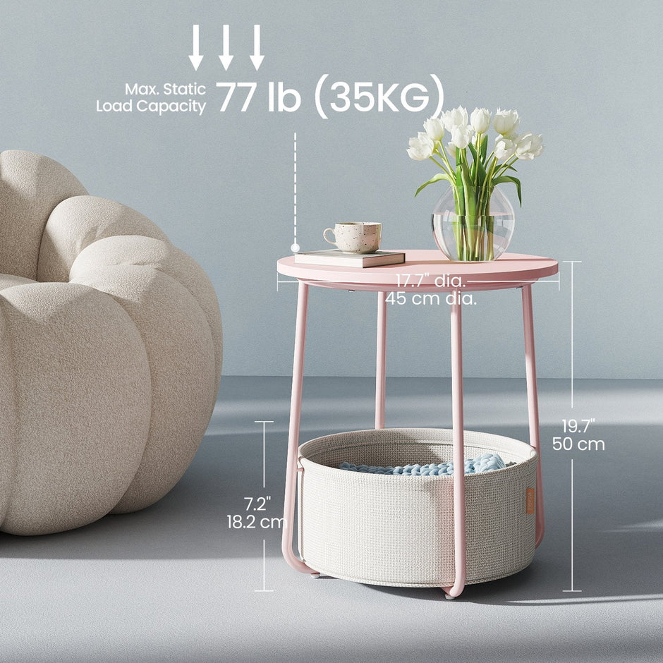 Round Side Table – Wood and Fabric – Ebony Black and Slate Grey – Modern Design with Storage Basket