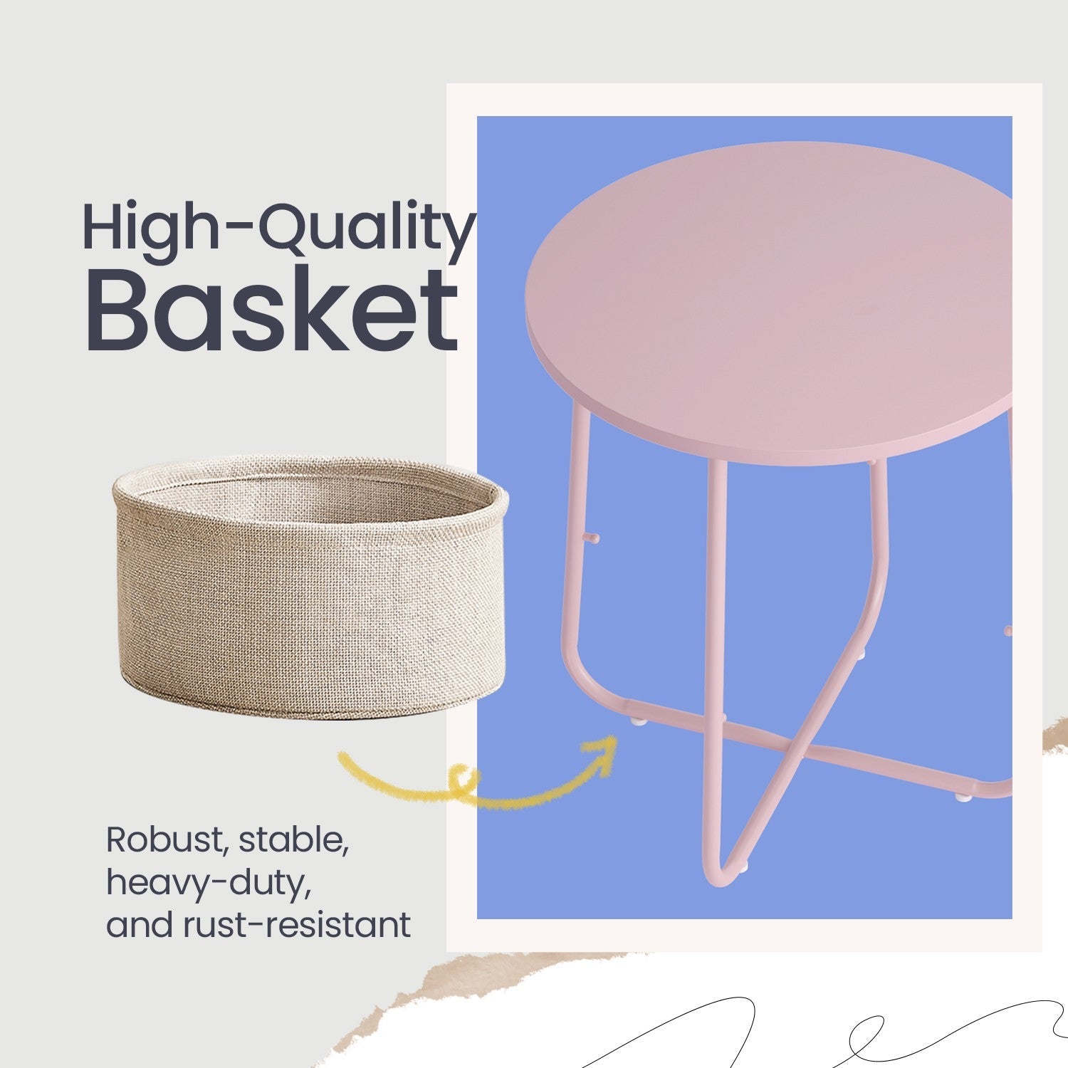 Round Side Table – Wood and Fabric – Ebony Black and Slate Grey – Modern Design with Storage Basket