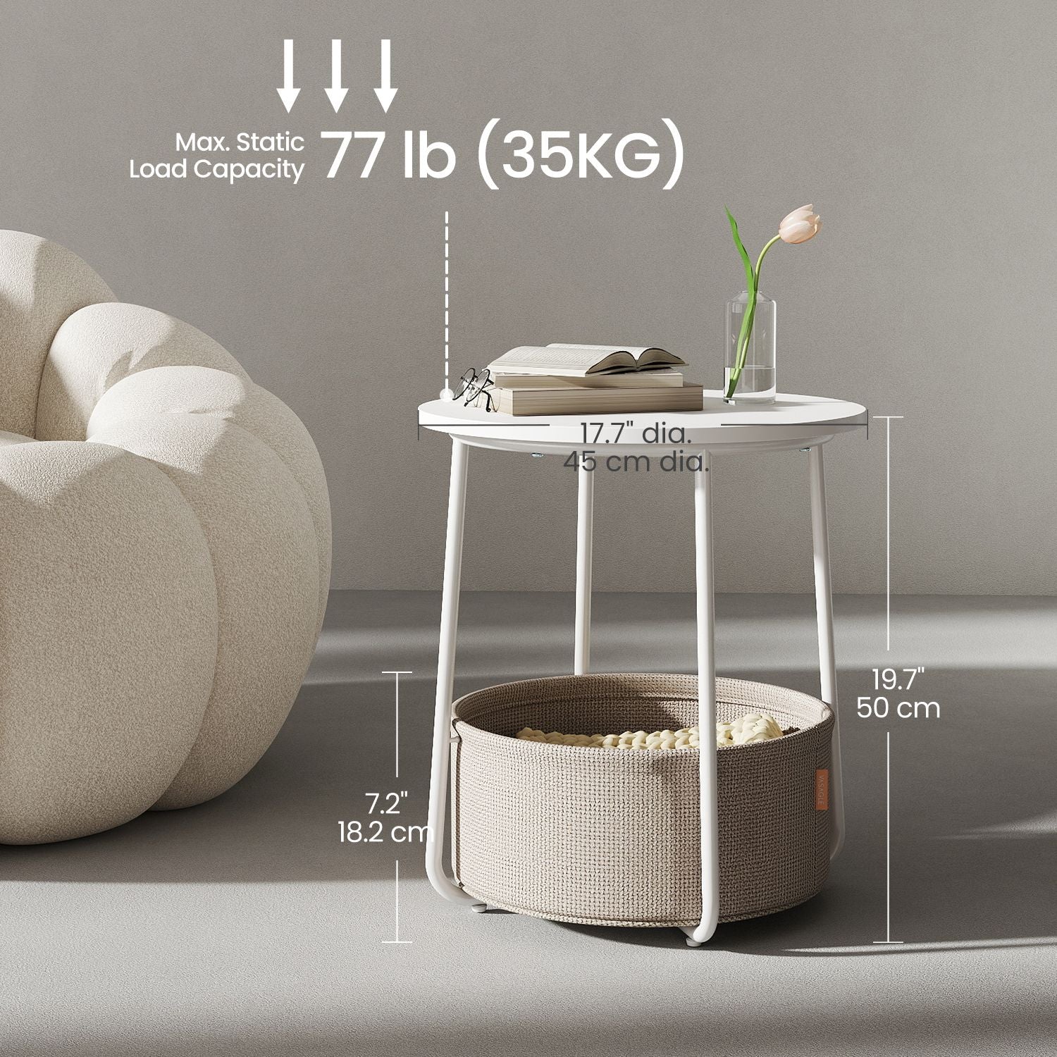 Round Side Table – Wood and Fabric – Ebony Black and Slate Grey – Modern Design with Storage Basket