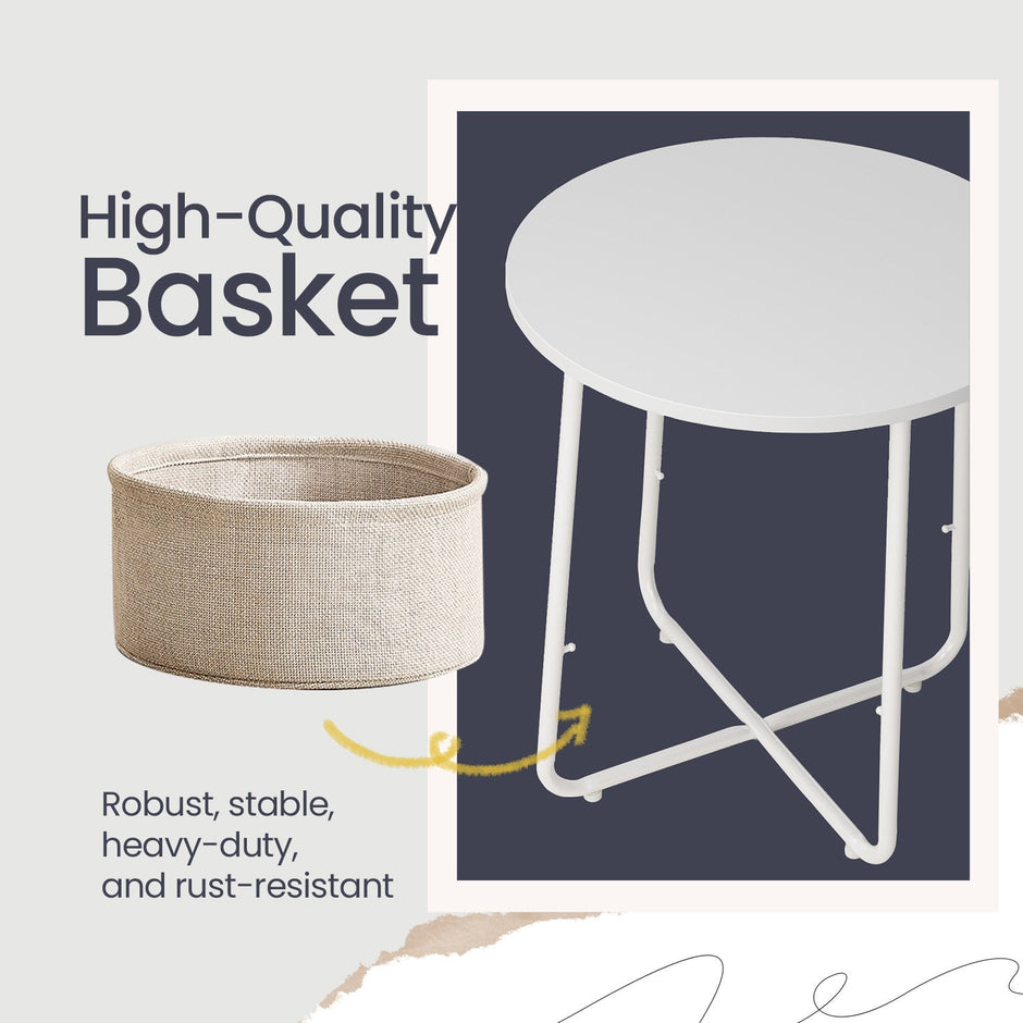 Round Side Table – Wood and Fabric – Ebony Black and Slate Grey – Modern Design with Storage Basket