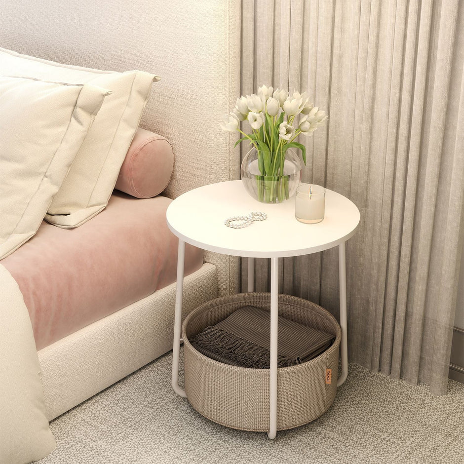 Round Side Table – Wood and Fabric – Ebony Black and Slate Grey – Modern Design with Storage Basket