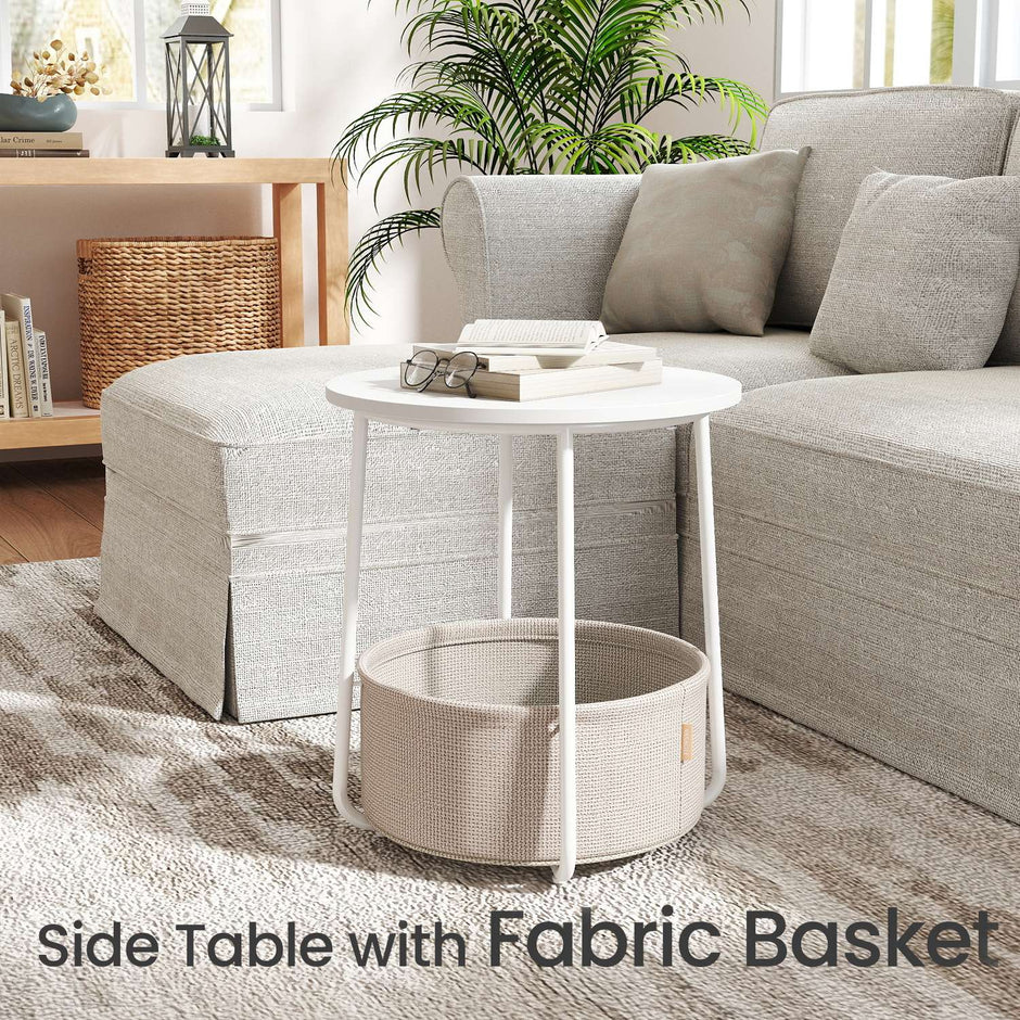 Round Side Table – Wood and Fabric – Ebony Black and Slate Grey – Modern Design with Storage Basket