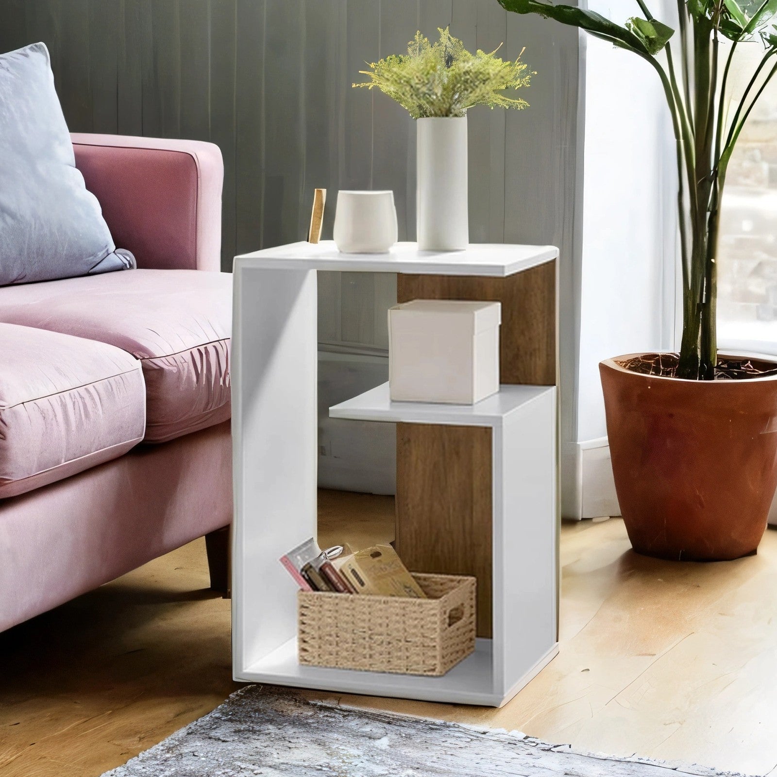 Side Table – Wood – Rustic Walnut and White – Versatile Open Storage, Modern Design