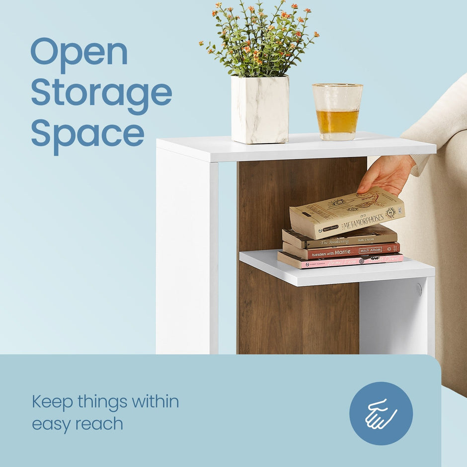 Side Table – Wood – Rustic Walnut and White – Versatile Open Storage, Modern Design