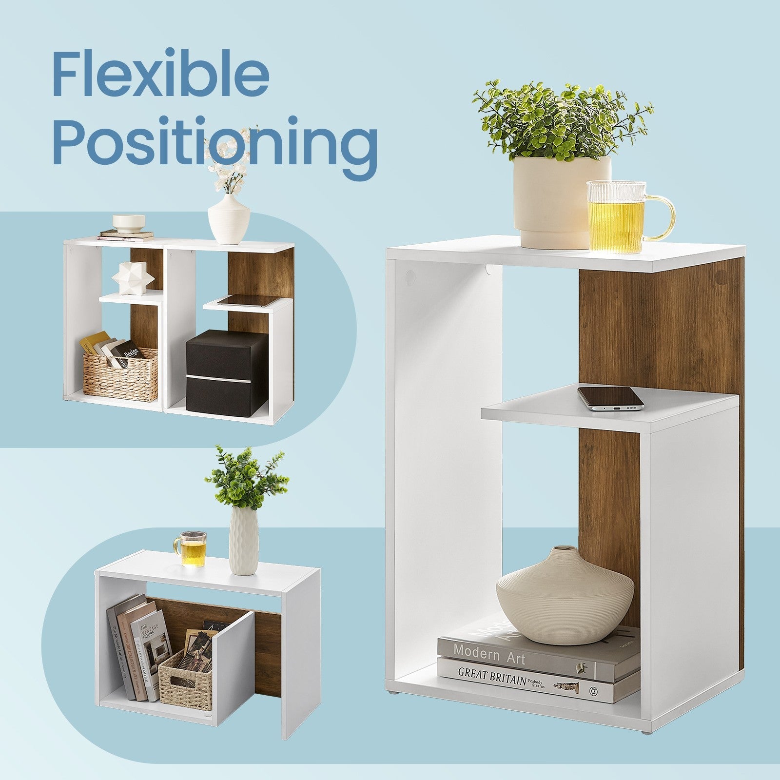 Side Table – Wood – Rustic Walnut and White – Versatile Open Storage, Modern Design