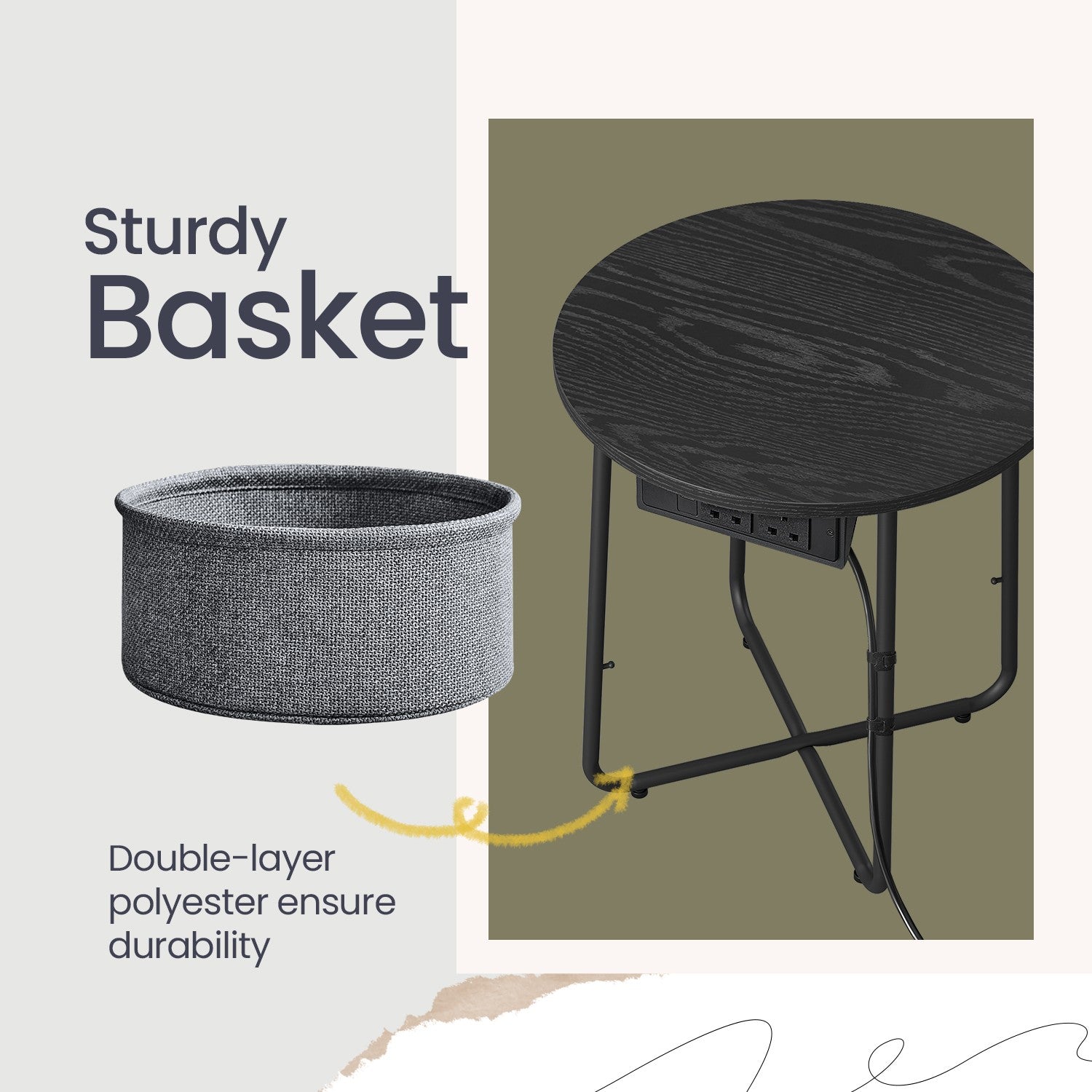 Round Side Table – Metal and Fabric – Black and Grey – With Charging Station and USB Ports