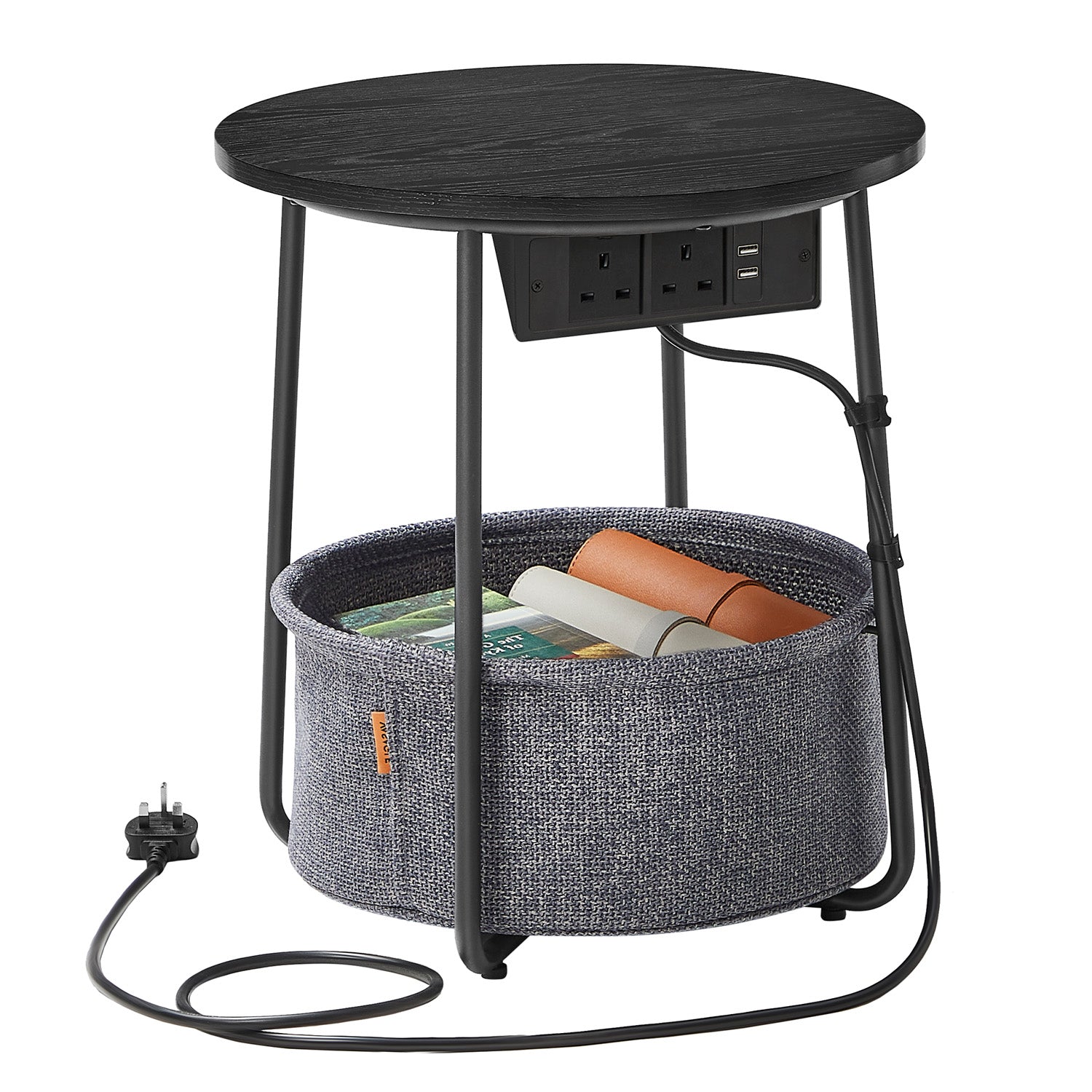 Round Side Table – Metal and Fabric – Black and Grey – With Charging Station and USB Ports