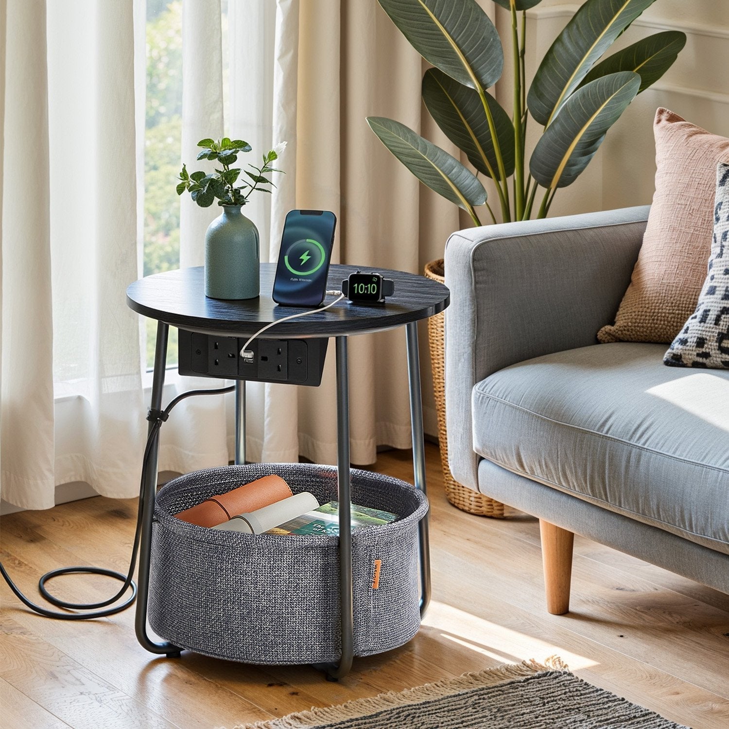 Round Side Table – Metal and Fabric – Black and Grey – With Charging Station and USB Ports