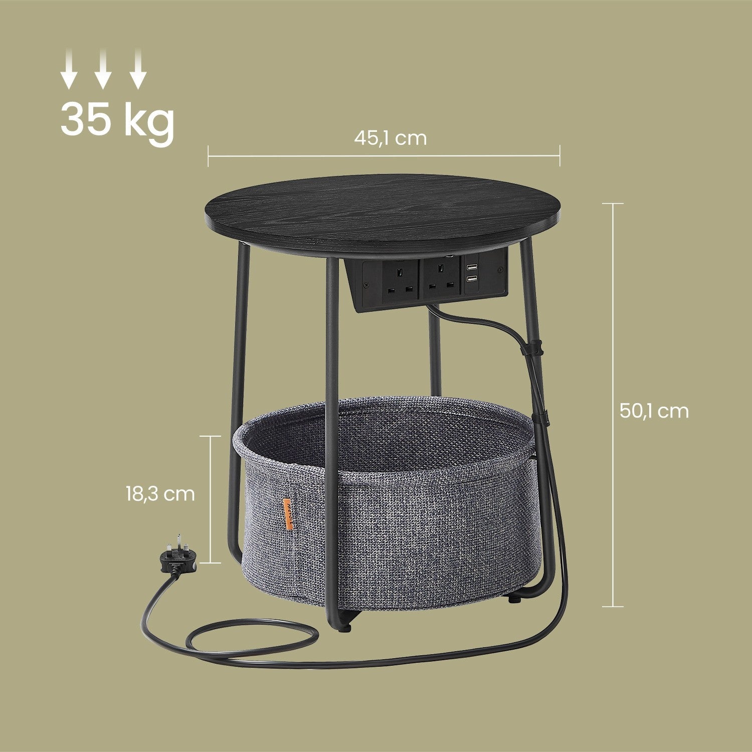 Round Side Table – Metal and Fabric – Black and Grey – With Charging Station and USB Ports