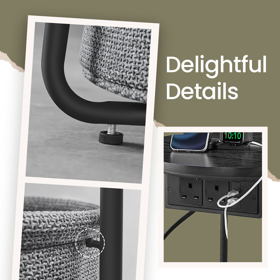 Round Side Table – Metal and Fabric – Black and Grey – With Charging Station and USB Ports