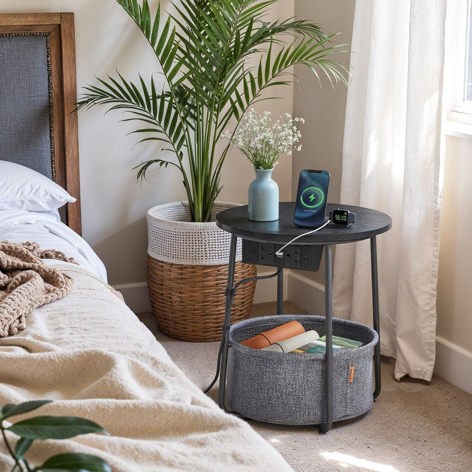 Round Side Table – Metal and Fabric – Black and Grey – With Charging Station and USB Ports
